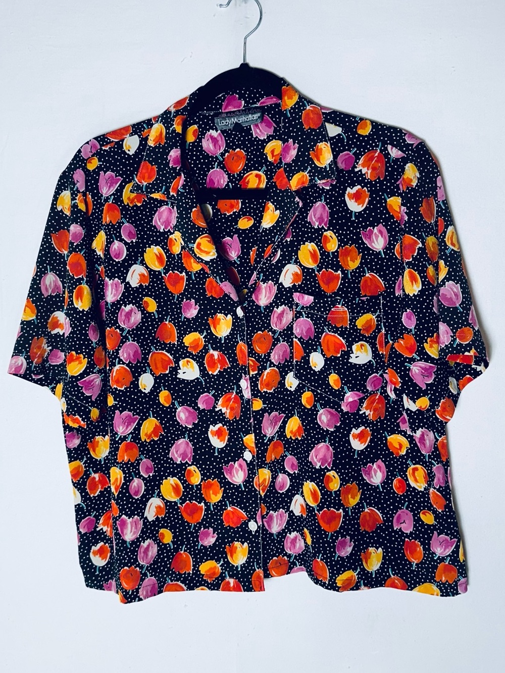 Vintage 80s Lady Manhattan Tulip Polka Dot Camp Collar Blouse Top 16/XL